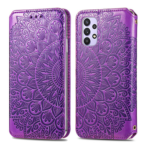 Leather Case Stands Fashionable Pattern Flip Cover Holder S01D for Samsung Galaxy M32 5G Purple