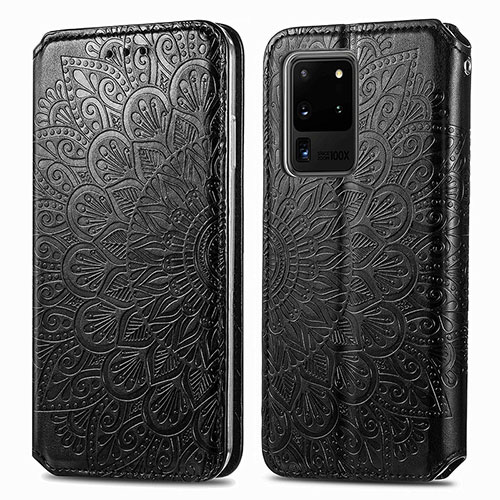 Leather Case Stands Fashionable Pattern Flip Cover Holder S01D for Samsung Galaxy S20 Ultra 5G Black