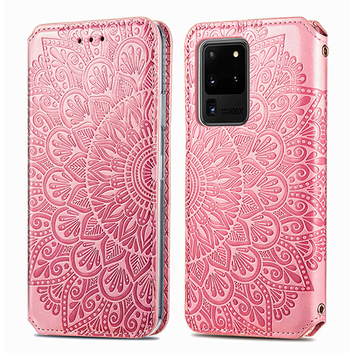 Leather Case Stands Fashionable Pattern Flip Cover Holder S01D for Samsung Galaxy S20 Ultra 5G Rose Gold