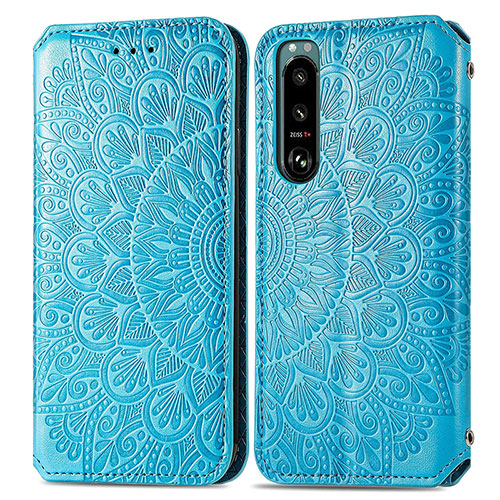 Leather Case Stands Fashionable Pattern Flip Cover Holder S01D for Sony Xperia 5 III Blue