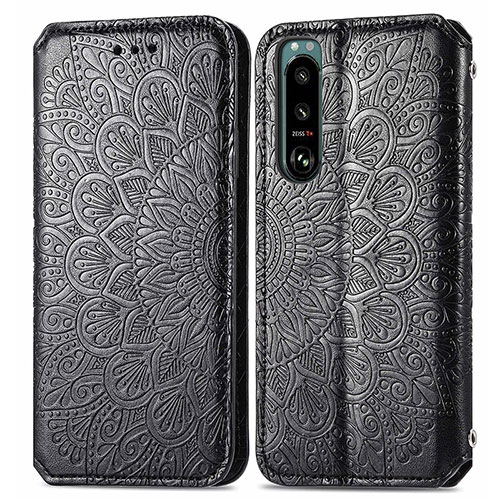 Leather Case Stands Fashionable Pattern Flip Cover Holder S01D for Sony Xperia 5 III SO-53B Black