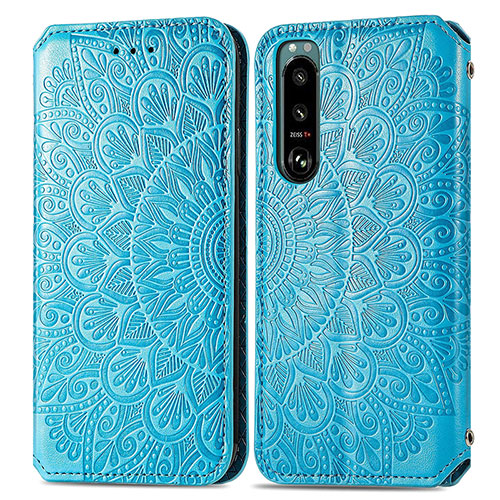 Leather Case Stands Fashionable Pattern Flip Cover Holder S01D for Sony Xperia 5 III SO-53B Blue