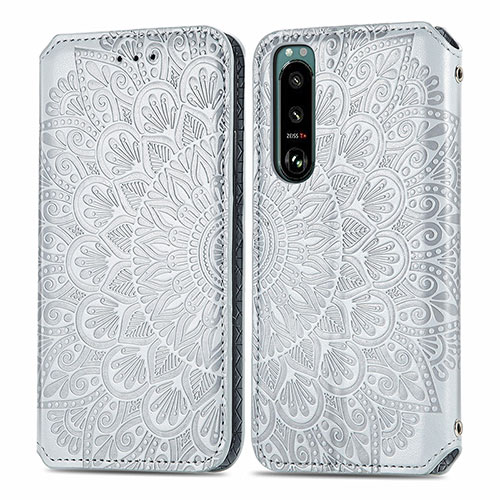 Leather Case Stands Fashionable Pattern Flip Cover Holder S01D for Sony Xperia 5 III SO-53B Silver