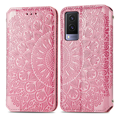 Leather Case Stands Fashionable Pattern Flip Cover Holder S01D for Vivo V21e 5G Rose Gold