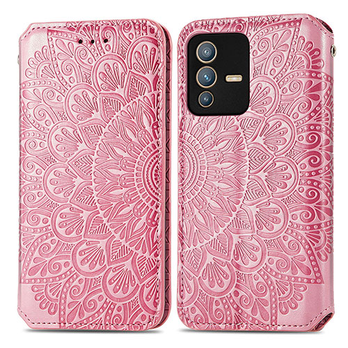 Leather Case Stands Fashionable Pattern Flip Cover Holder S01D for Vivo V23 5G Rose Gold