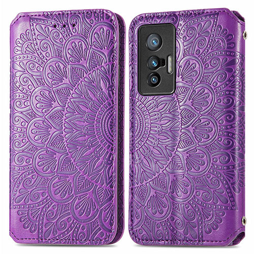 Leather Case Stands Fashionable Pattern Flip Cover Holder S01D for Vivo X70 5G Purple