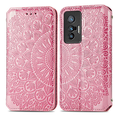 Leather Case Stands Fashionable Pattern Flip Cover Holder S01D for Vivo X70t Rose Gold