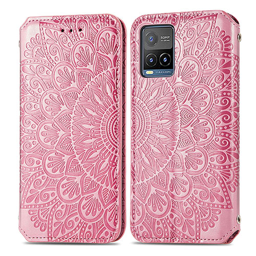 Leather Case Stands Fashionable Pattern Flip Cover Holder S01D for Vivo Y21G Rose Gold