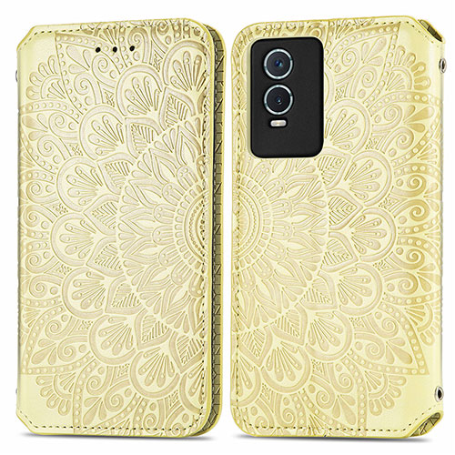 Leather Case Stands Fashionable Pattern Flip Cover Holder S01D for Vivo Y74s 5G Gold