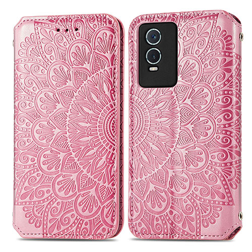 Leather Case Stands Fashionable Pattern Flip Cover Holder S01D for Vivo Y74s 5G Rose Gold