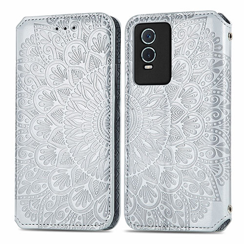 Leather Case Stands Fashionable Pattern Flip Cover Holder S01D for Vivo Y74s 5G Silver