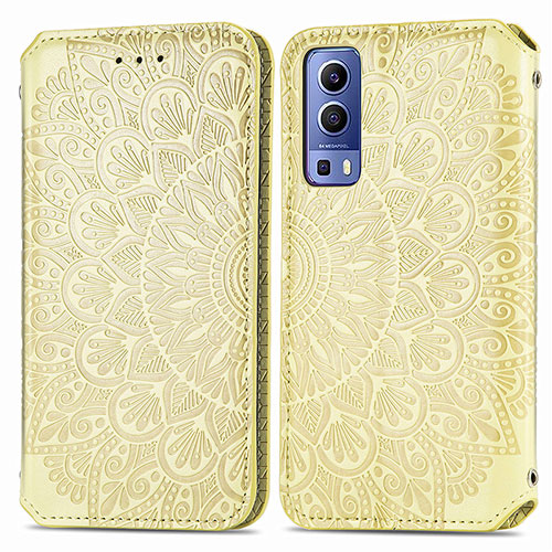 Leather Case Stands Fashionable Pattern Flip Cover Holder S01D for Vivo Y75s 5G Gold