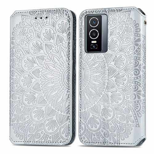 Leather Case Stands Fashionable Pattern Flip Cover Holder S01D for Vivo Y76 5G Silver