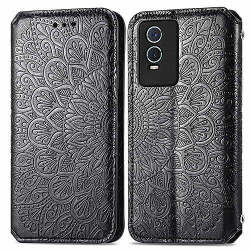 Leather Case Stands Fashionable Pattern Flip Cover Holder S01D for Vivo Y76s 5G Black