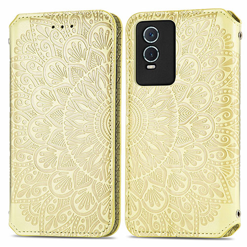 Leather Case Stands Fashionable Pattern Flip Cover Holder S01D for Vivo Y76s 5G Gold