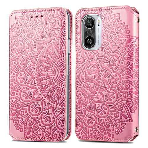 Leather Case Stands Fashionable Pattern Flip Cover Holder S01D for Xiaomi Poco F3 5G Rose Gold