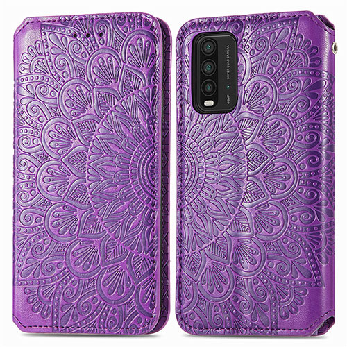 Leather Case Stands Fashionable Pattern Flip Cover Holder S01D for Xiaomi Redmi 9 Power Purple