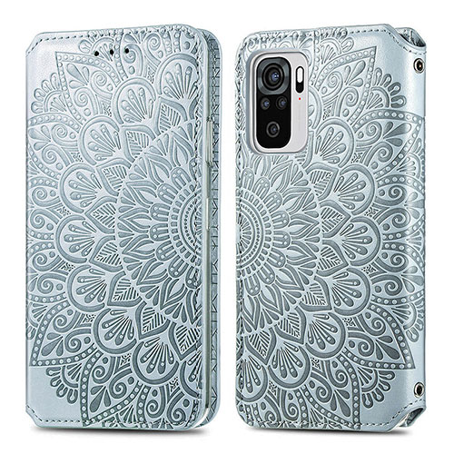 Leather Case Stands Fashionable Pattern Flip Cover Holder S01D for Xiaomi Redmi Note 10 4G Silver