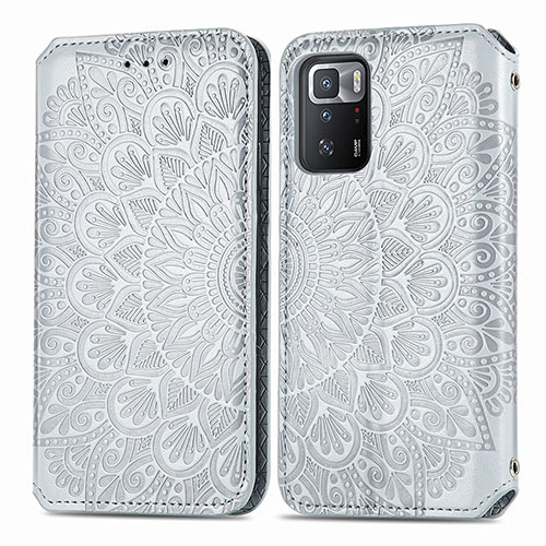 Leather Case Stands Fashionable Pattern Flip Cover Holder S01D for Xiaomi Redmi Note 10 Pro 5G Silver