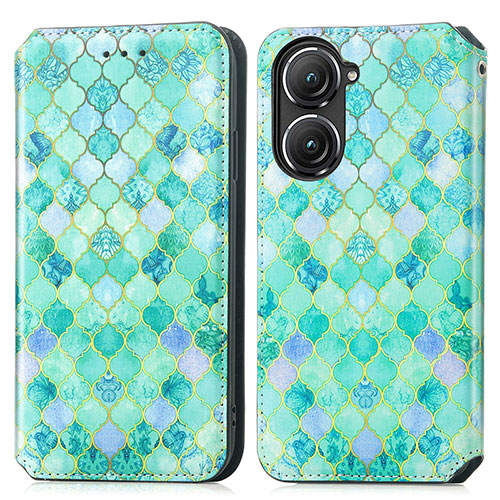 Leather Case Stands Fashionable Pattern Flip Cover Holder S02D for Asus Zenfone 9 Green
