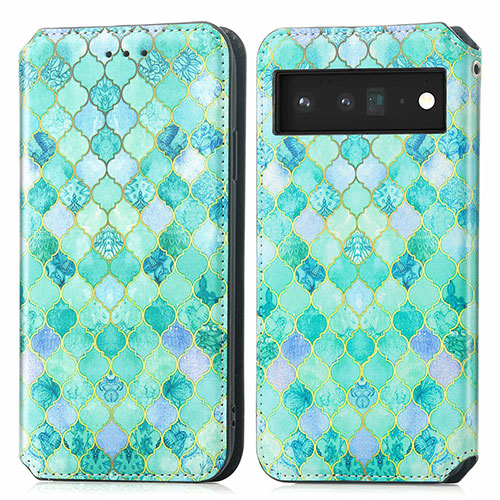 Leather Case Stands Fashionable Pattern Flip Cover Holder S02D for Google Pixel 6 5G Green