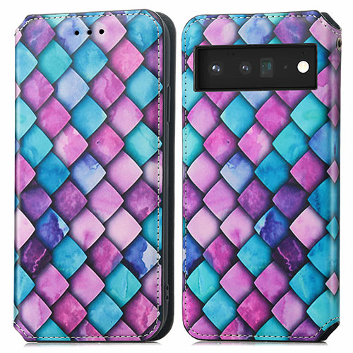 Leather Case Stands Fashionable Pattern Flip Cover Holder S02D for Google Pixel 6 5G Purple