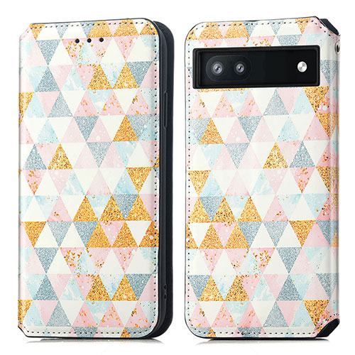 Leather Case Stands Fashionable Pattern Flip Cover Holder S02D for Google Pixel 6a 5G White