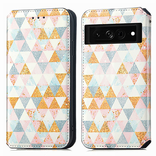 Leather Case Stands Fashionable Pattern Flip Cover Holder S02D for Google Pixel 7 Pro 5G White