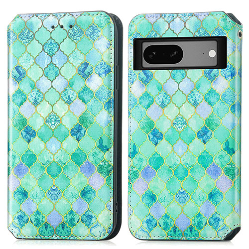 Leather Case Stands Fashionable Pattern Flip Cover Holder S02D for Google Pixel 7a 5G Green