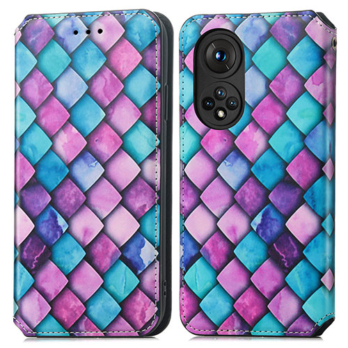 Leather Case Stands Fashionable Pattern Flip Cover Holder S02D for Huawei Honor 50 5G Purple