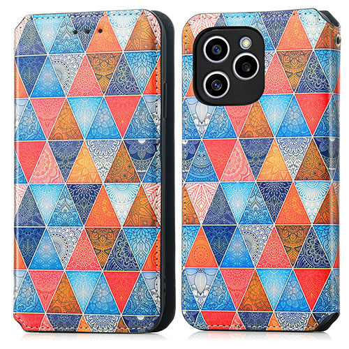 Leather Case Stands Fashionable Pattern Flip Cover Holder S02D for Huawei Honor 60 SE 5G Brown