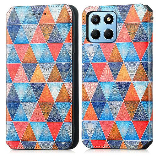 Leather Case Stands Fashionable Pattern Flip Cover Holder S02D for Huawei Honor 70 Lite 5G Brown