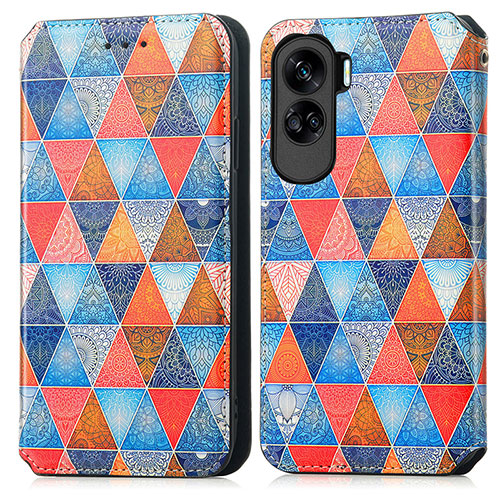 Leather Case Stands Fashionable Pattern Flip Cover Holder S02D for Huawei Honor 90 Lite 5G Brown