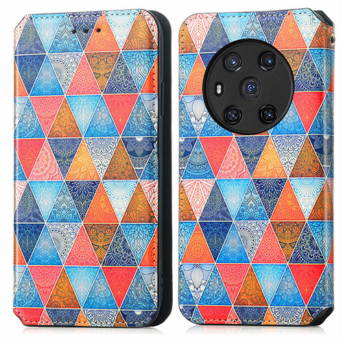 Leather Case Stands Fashionable Pattern Flip Cover Holder S02D for Huawei Honor Magic3 5G Brown