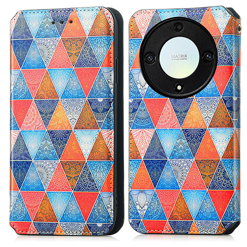 Leather Case Stands Fashionable Pattern Flip Cover Holder S02D for Huawei Honor X9a 5G Brown