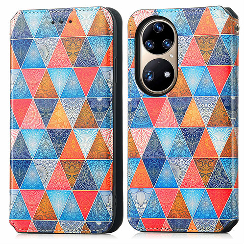 Leather Case Stands Fashionable Pattern Flip Cover Holder S02D for Huawei P50e Brown