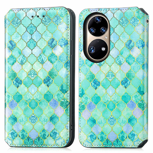 Leather Case Stands Fashionable Pattern Flip Cover Holder S02D for Huawei P50e Green