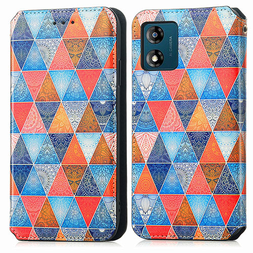 Leather Case Stands Fashionable Pattern Flip Cover Holder S02D for Motorola Moto E13 Brown