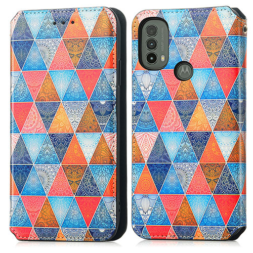 Leather Case Stands Fashionable Pattern Flip Cover Holder S02D for Motorola Moto E20 Brown
