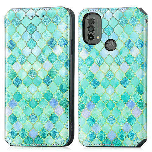 Leather Case Stands Fashionable Pattern Flip Cover Holder S02D for Motorola Moto E20 Green