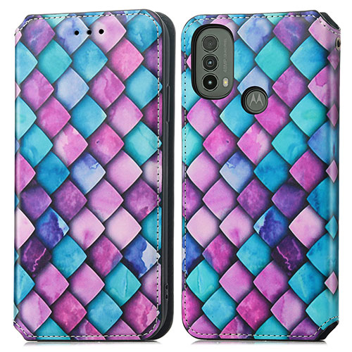 Leather Case Stands Fashionable Pattern Flip Cover Holder S02D for Motorola Moto E30 Purple