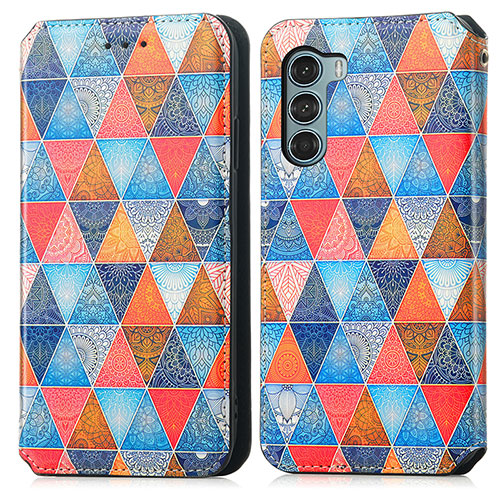 Leather Case Stands Fashionable Pattern Flip Cover Holder S02D for Motorola Moto G200 5G Brown