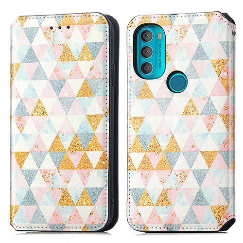 Leather Case Stands Fashionable Pattern Flip Cover Holder S02D for Motorola Moto G71 5G White