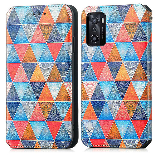 Leather Case Stands Fashionable Pattern Flip Cover Holder S02D for Oppo A55S 5G Brown