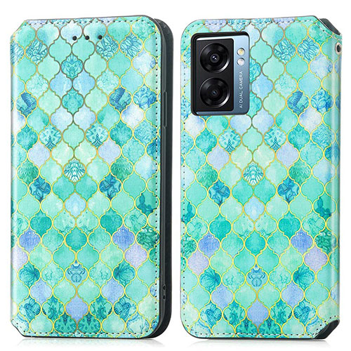 Leather Case Stands Fashionable Pattern Flip Cover Holder S02D for Oppo A77 5G Green