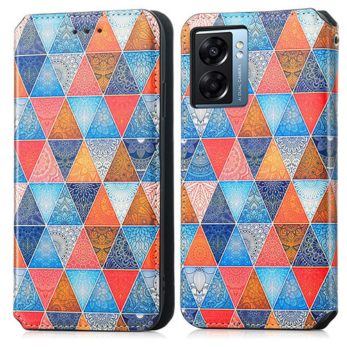 Leather Case Stands Fashionable Pattern Flip Cover Holder S02D for Oppo K10 5G India Brown