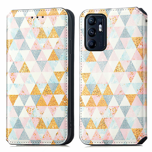 Leather Case Stands Fashionable Pattern Flip Cover Holder S02D for Oppo Reno6 5G White