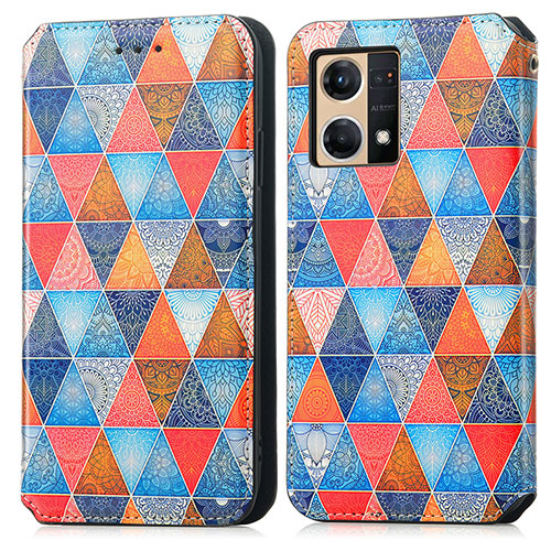 Leather Case Stands Fashionable Pattern Flip Cover Holder S02D for Oppo Reno7 4G Brown