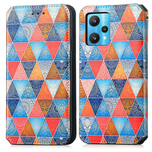 Leather Case Stands Fashionable Pattern Flip Cover Holder S02D for Realme 9 4G Brown