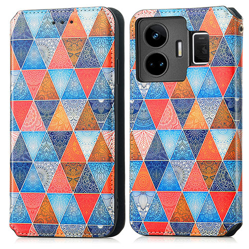 Leather Case Stands Fashionable Pattern Flip Cover Holder S02D for Realme GT Neo5 5G Brown